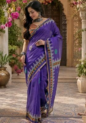Purple Printed Linen Saree Set