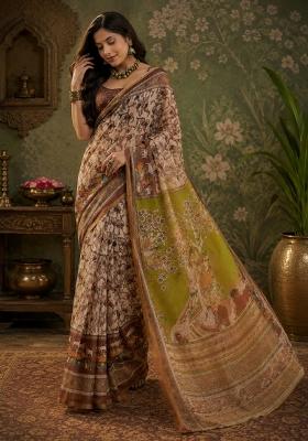 Cream Printed Linen Saree Set