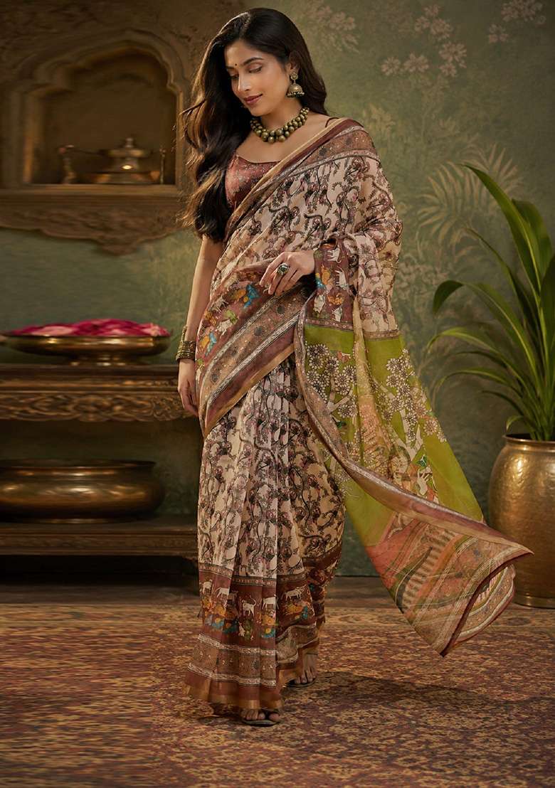 Cream Linen Saree Set with Printed for Diwali | Wedding & Festive Wear - Indya