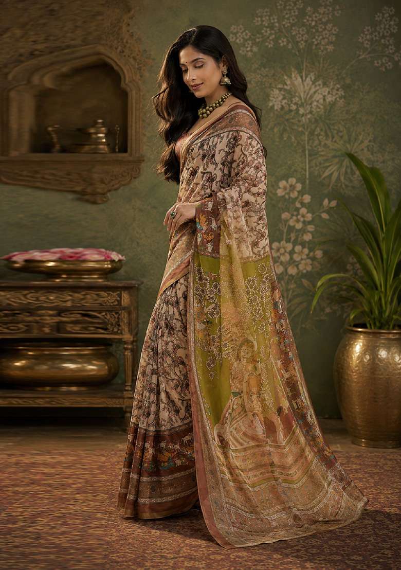 Cream Linen Saree Set with Printed for Diwali | Wedding & Festive Wear - Indya