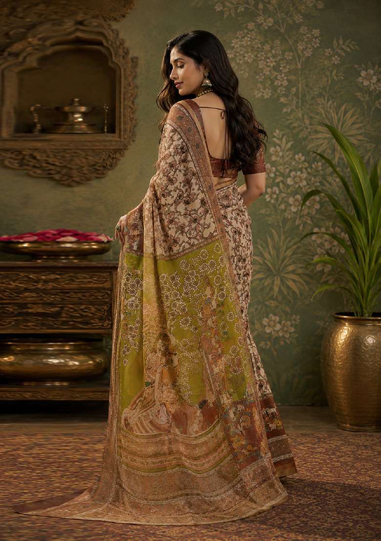 Cream Linen Saree Set with Printed for Diwali | Wedding & Festive Wear - Indya