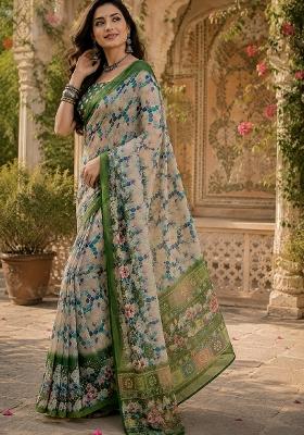 White Printed Linen Saree Set