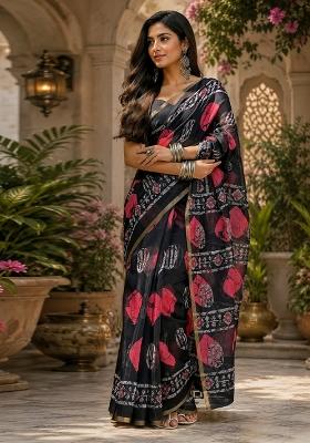 Black Printed Linen Saree Set