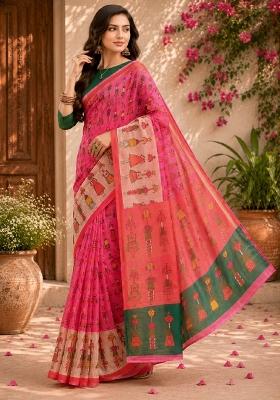 Pink Printed Linen Saree Set