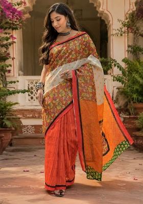 White Printed Linen Saree Set