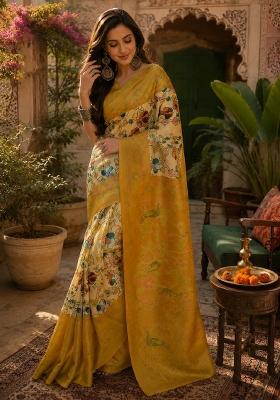 Off White Printed Linen Saree Set