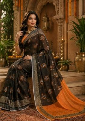 Black Printed Linen Saree Set