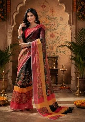 Black Printed Linen Saree Set