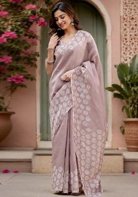 Light Onion Pink Printed Linen Saree Set