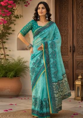 Sky Blue Printed Linen Saree Set
