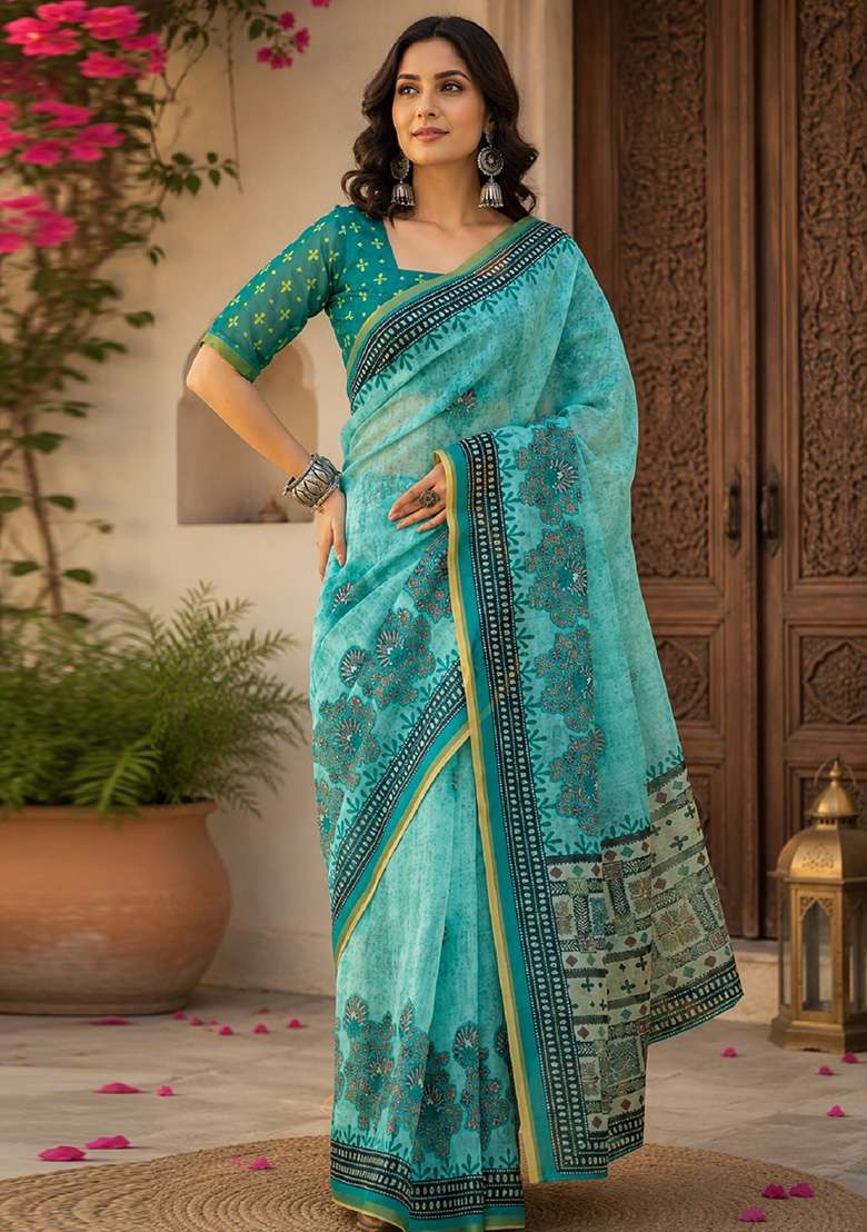 Sky Blue Printed Linen Saree Set for Diwali and Festive Wear - Indya
