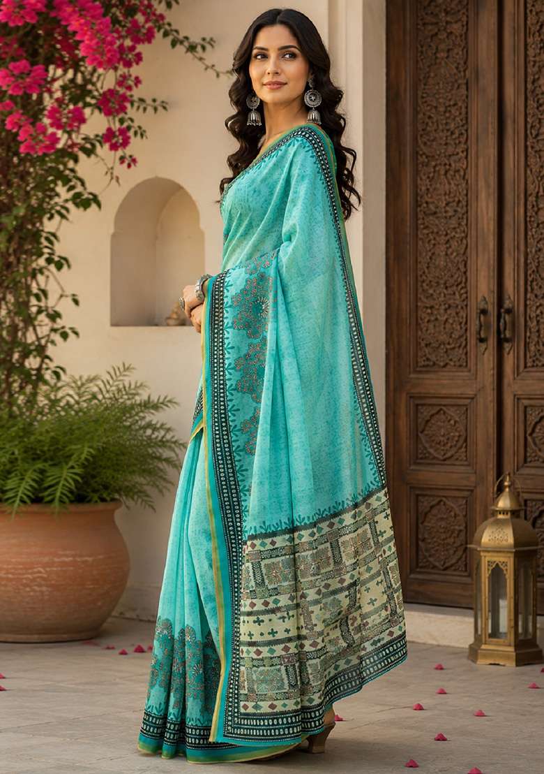 Sky Blue Printed Linen Saree Set for Diwali and Festive Wear - Indya