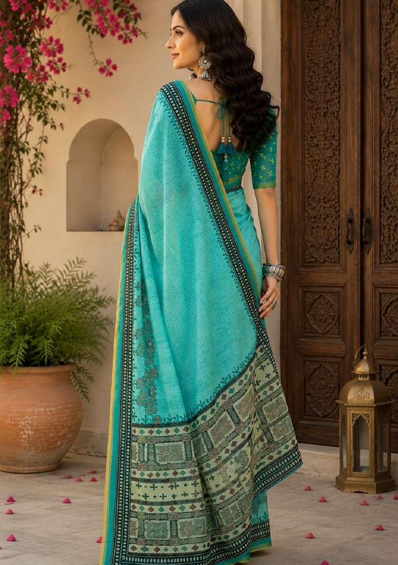 Sky Blue Printed Linen Saree Set for Diwali and Festive Wear - Indya
