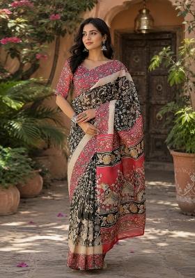 Black Printed Linen Saree Set