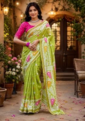 Parrot Green Printed Linen Saree Set