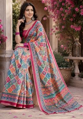 Multicolor Printed Linen Saree Set