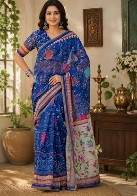 Royal Blue Printed Linen Saree Set