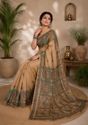Cream Printed Linen Saree Set
