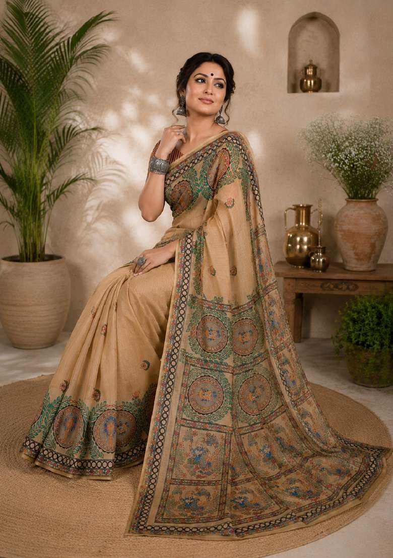 Cream Linen Saree Set with Printed for Diwali | Wedding & Festive Wear - Indya