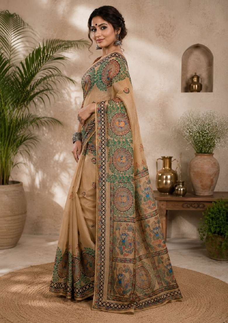 Cream Linen Saree Set with Printed for Diwali | Wedding & Festive Wear - Indya