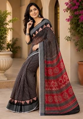 Black Printed Linen Saree Set