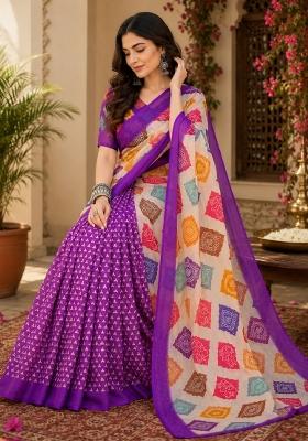 Multicolor Printed Linen Saree Set