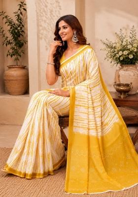 White Printed Linen Saree Set