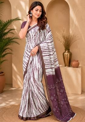 White Printed Linen Saree Set