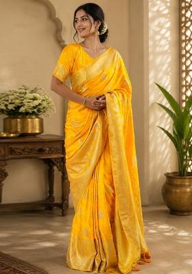 Yellow Jacquard Silk Saree Set