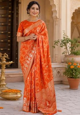 Orange Jacquard Silk Saree Set