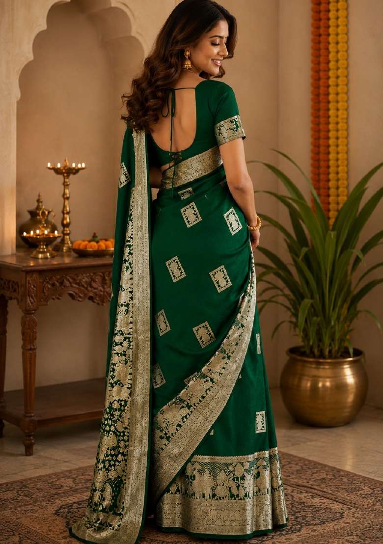 Green Jacquard Silk Saree Set for Diwali and Festive Wear - Indya