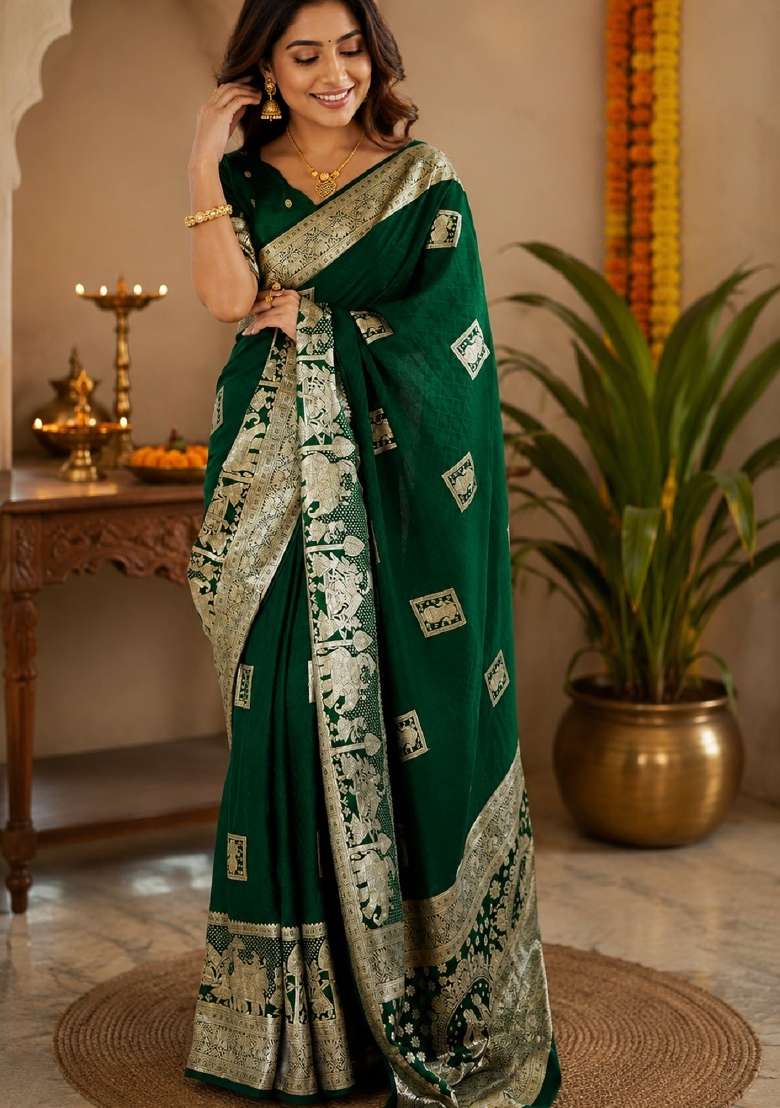 Green Jacquard Silk Saree Set for Diwali and Festive Wear - Indya
