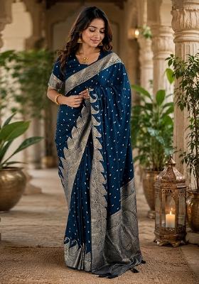 Blue Jacquard Silk Saree Set