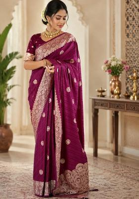 Wine Jacquard Silk Saree Set