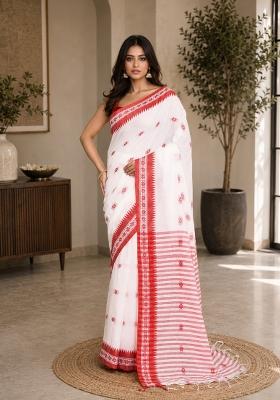 White Woven Design Cotton Saree Set
