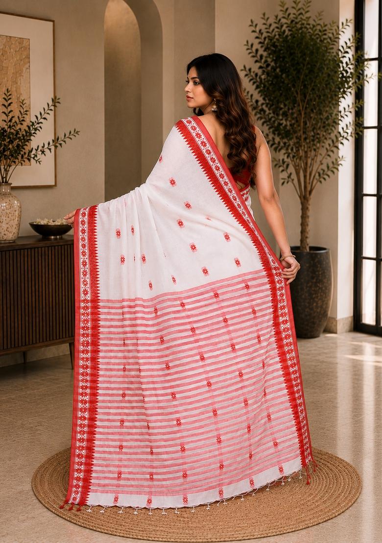 White Woven Design Cotton Saree Set - Indya