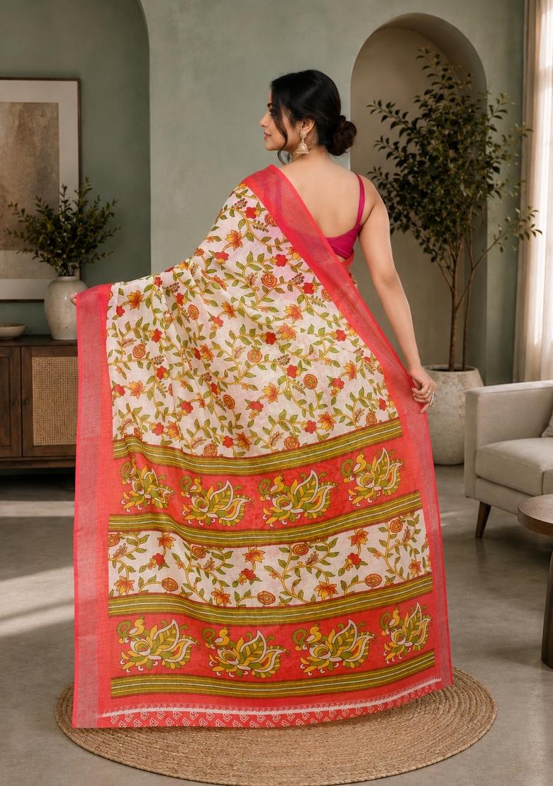 Off White Woven Design Cotton Saree Set - Indya