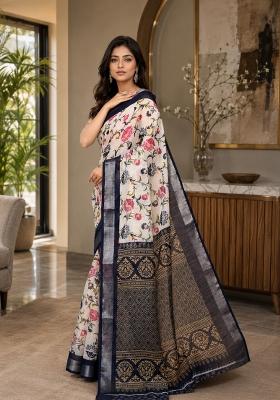 Off White Woven Design Cotton Saree Set