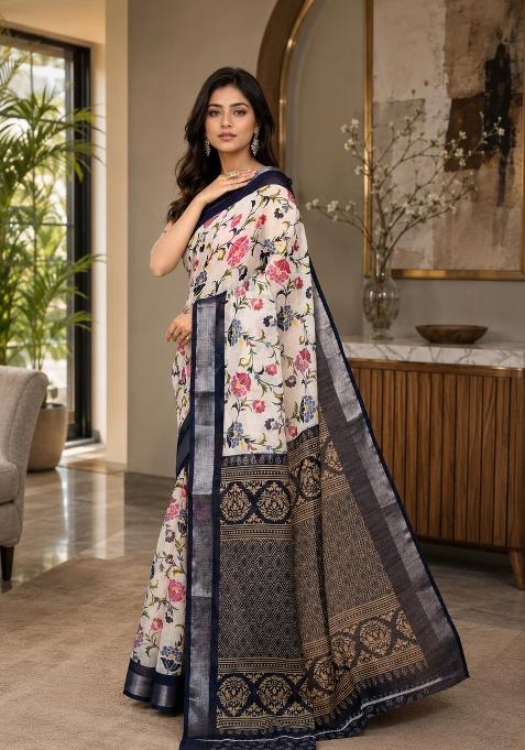 Off White Woven Design Cotton Saree Set