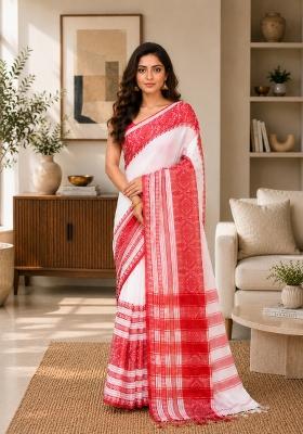 White Woven Design Cotton Saree Set