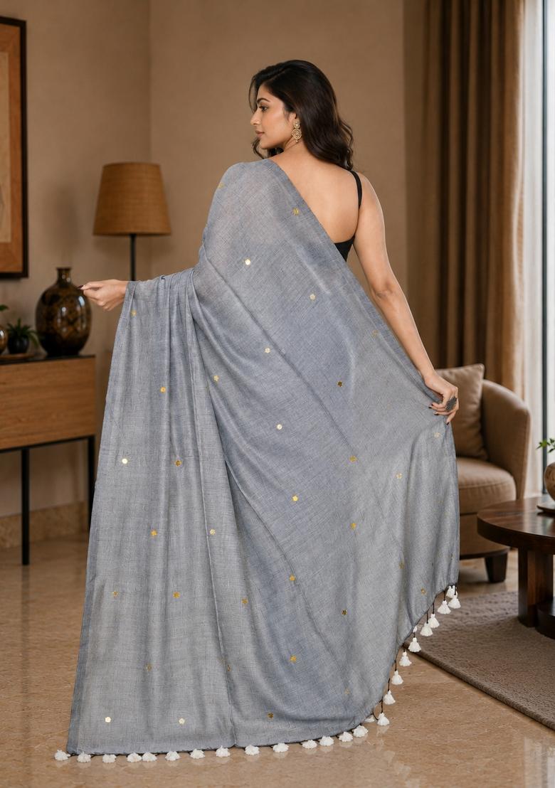 Silver Grey Woven Design Cotton Saree Set - Indya