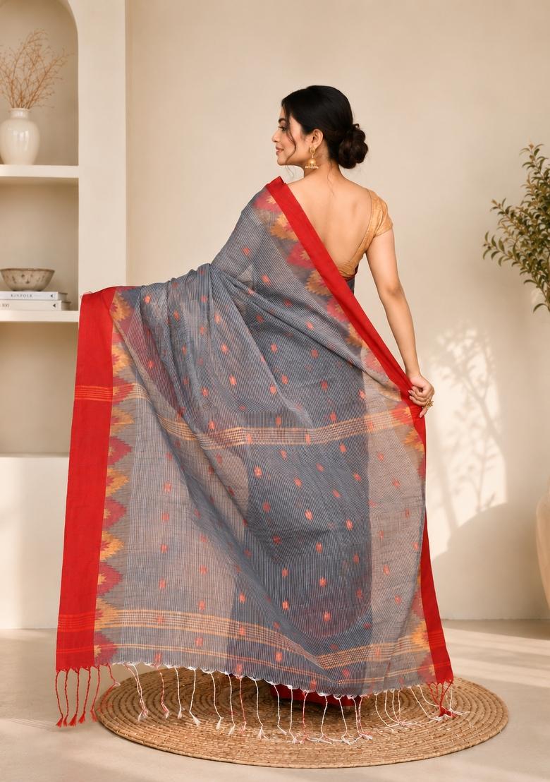 Grey Woven Design Cotton Saree Set - Indya
