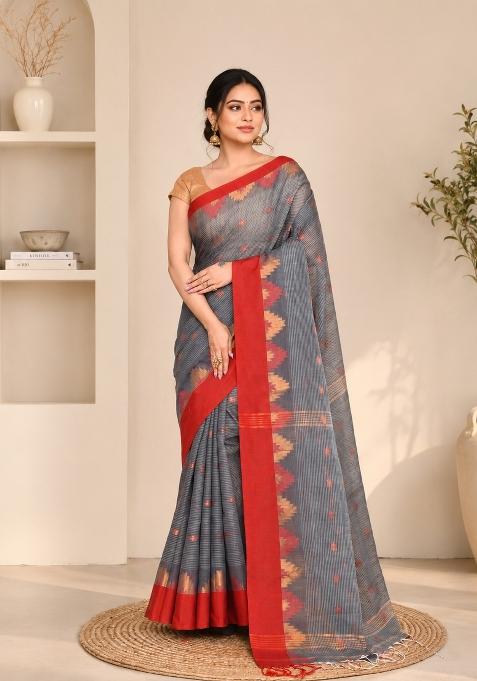 Grey Woven Design Cotton Saree Set