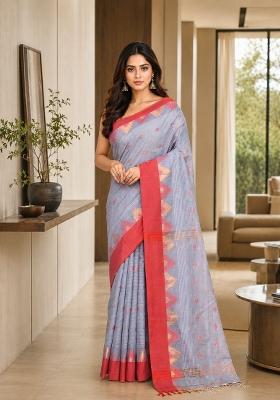 Sky Blue Woven Design Cotton Saree Set