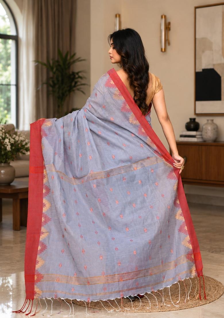 Sky Blue Woven Design Cotton Saree Set - Indya