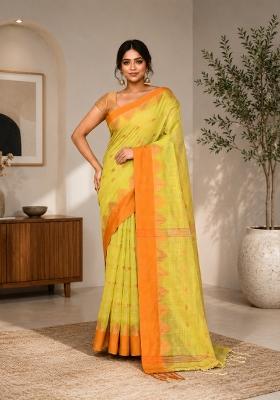 Lime Yellow Woven Design Cotton Saree Set