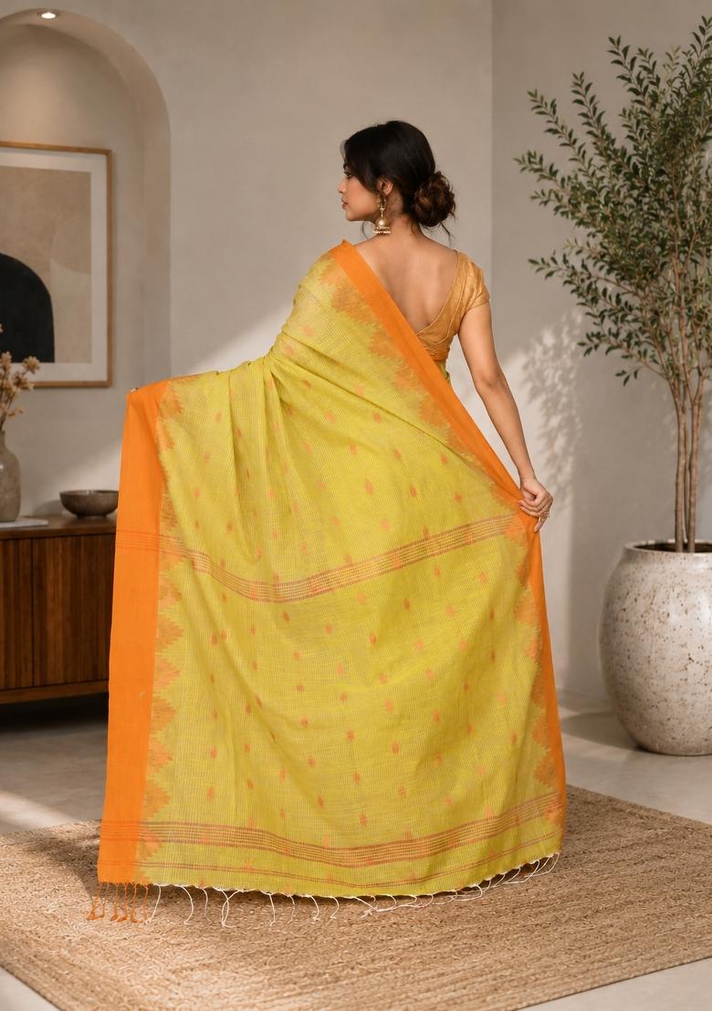 Lime Yellow Woven Design Cotton Saree Set - Indya