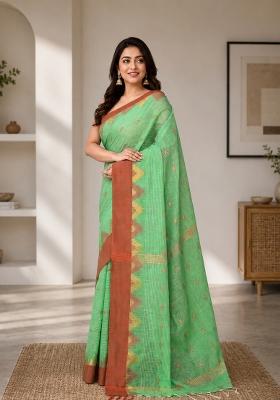 Green Woven Design Cotton Saree Set