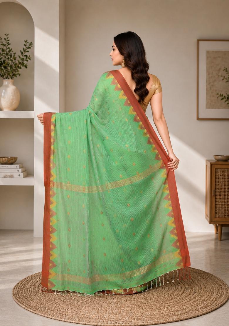 Green Woven Design Cotton Saree Set - Indya