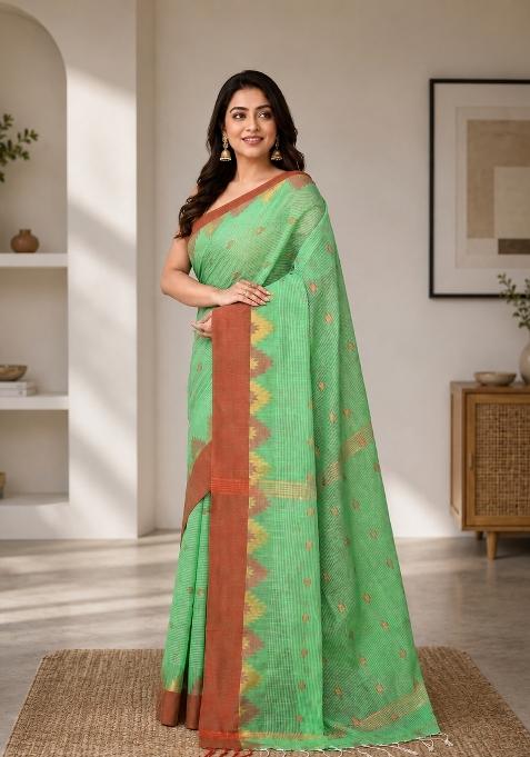 Green Woven Design Cotton Saree Set